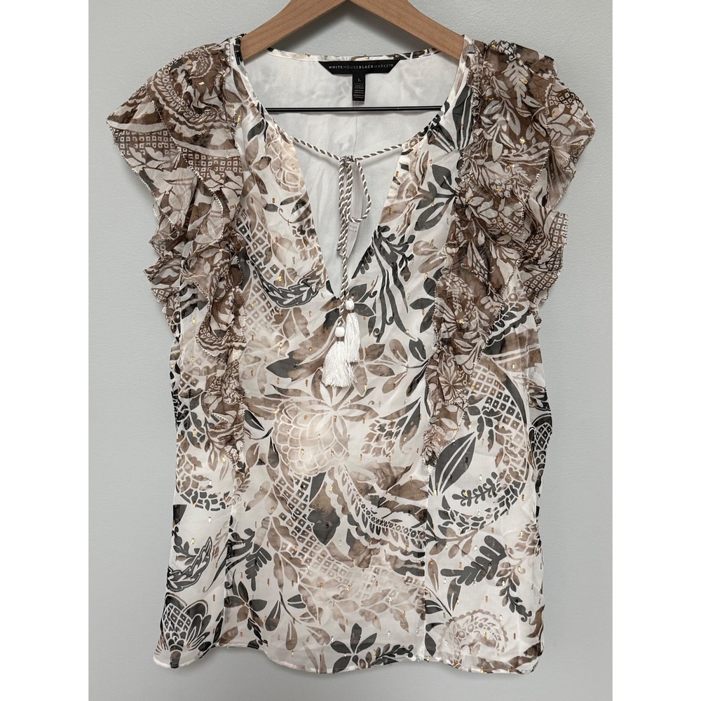 NWT White House Black Market Flutter Sleeve Shimmer Ruffle V-Neck Tassel‎ Top L